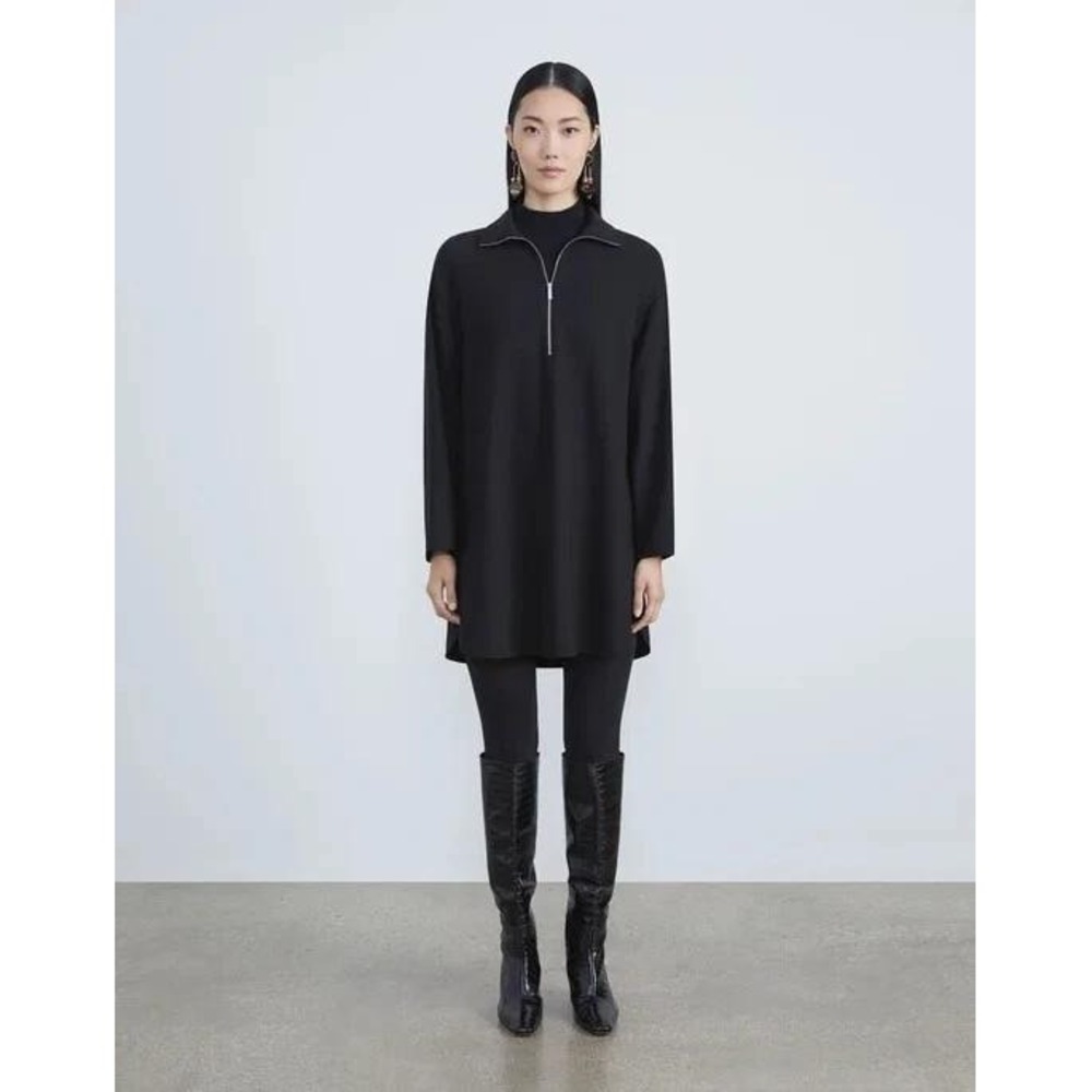 Lafayette 148 New York Black 100% Silk Aspen Quarter Zip Ribbed Trim Tunic SZ S